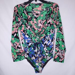 Zara Bodysuit Small Floral Front Tie V Neck Long Sleeve